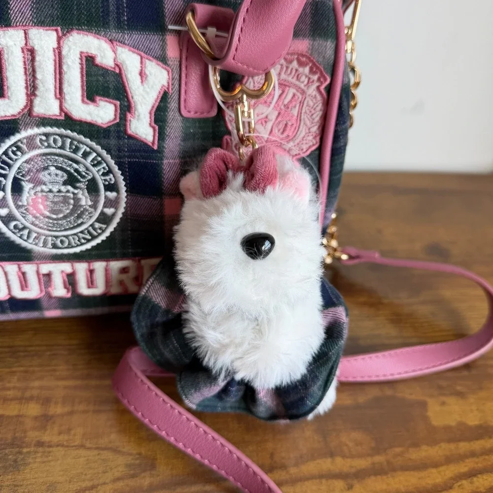 New Juicy Couture Varsity Plaid Satchel Pink Green Crossbody Handbag Scottie